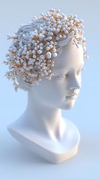 White classical bust adorned with delicate golden branches and white berries, creating an ethereal crown effect against soft blue background. Artistic sculpture concept.