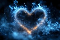 Glowing heart shape formed by magical blue smoke and golden sparkles against dark background, romantic fantasy atmosphere with ethereal light effects.