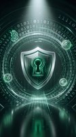 Digital security shield with keyhole surrounded by cryptocurrency symbols and binary code in futuristic green cyber tunnel for blockchain protection concepts.