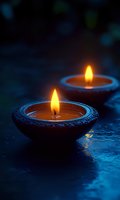 Traditional oil lamps with glowing flames creating warm light against dark blue background for spiritual meditation and festive celebrations.
