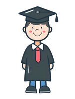 Cute cartoon graduate student in academic cap and gown with red tie smiling. Isolated character on white background for education and graduation designs.