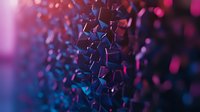 Abstract geometric shapes floating in space with pink and blue gradient lighting effects creating dynamic motion and depth against dark background.