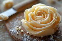 Creamy butter rose swirl on wooden cutting board with scattered flour, showcasing culinary artistry and decorative baking technique for pastry design.