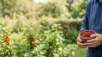 Farmer in blue denim shirt holding bowl of fresh red currants in garden with berry bushes, harvesting organic fruit for food production and agriculture.