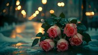 Romantic bouquet of pink roses lying on wet surface with dreamy bokeh lights creating atmospheric evening mood.