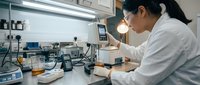 Asian female scientist in white lab coat conducting research with microscope and laboratory equipment in modern scientific facility.