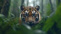 Majestic Bengal tiger face peering through lush green jungle foliage, intense eyes focused forward in natural habitat, dramatic wildlife portrait showing fierce expression.