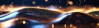 Abstract digital wave landscape with glowing particles and golden bokeh lights reflecting on dark surface, creating futuristic technology visualization.