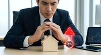 Focused businessman analyzing real estate market decline with wooden house model showing negative 5% growth arrow in modern office setting.