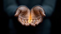 African American hands cupped together holding glowing warm light against dark background, representing hope, spirituality, healing and protection.