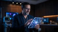 Mature male professional wearing glasses and dark blazer holding glowing digital tablet with neural network visualization in modern office environment for technology and innovation concepts.