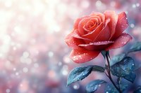 Coral pink rose with water drops on petals against soft bokeh background, teal leaves covered in morning dew create dreamy romantic atmosphere.