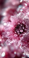Pink chrysanthemum flower covered in morning dew drops creating magical sparkle effect, macro photography with soft focus and dreamy bokeh background.