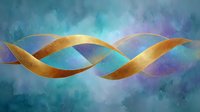 Golden flowing ribbons intertwining on dreamy turquoise and purple watercolor background for luxury branding and elegant design projects.