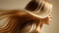 Young Caucasian woman with long flowing blonde hair against warm brown background, side profile view showing smooth healthy hair movement and shine in beauty salon style.