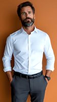 Confident mature businessman with salt and pepper beard wearing white button-down shirt and dark trousers against orange background, looking upward thoughtfully.