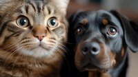 Close up portrait of tabby cat and black Rottweiler dog together, showing friendship between pets. Both animals looking directly at camera with bright eyes.
