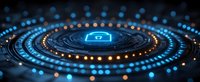 Glowing cyber security lock icon surrounded by digital circles and light dots on dark background. Modern network protection visualization.