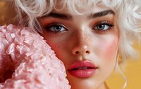 Young woman with freckles, bright blue eyes and platinum blonde curly hair poses next to pink peony flower. Soft beauty portrait with coral lipstick and natural makeup.
