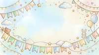 Pastel watercolor nursery border with bunting flags, balloons, stars, clouds, and bunny character on transparent background for baby shower designs.