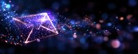 Glowing geometric shape with sparkles and light particles floating in dark blue space, creating magical atmosphere for abstract backgrounds and designs.