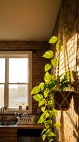 Pothos plant in macrame hanger against exposed brick wall in sunlit kitchen with warm natural lighting creating cozy indoor garden atmosphere.