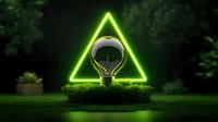 Glowing neon triangle with light bulb on moss covered surface against dark green nature background creates mystical eco-friendly atmosphere.