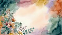 Watercolor background with soft pastel washes in teal, pink, yellow, purple and orange tones, featuring botanical foliage elements and leaves in corners, creating artistic frame for text or design.