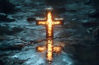 Glowing cross of light reflected in dark water, creating spiritual atmosphere with dramatic illumination against textured wet surface.