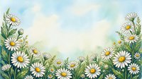 Watercolor daisy field border with white chamomile flowers and green leaves on soft blue sky background, copy space for text.