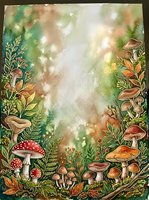 Enchanted forest floor with whimsical mushrooms, toadstools, and botanical foliage framing a luminous central space. Watercolor illustration with warm earthy tones and magical bokeh effects, suitable for fantasy artwork, children's book design, and decorative backgrounds.