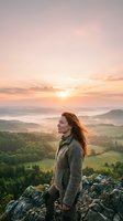 Woman with long reddish-brown hair wearing gray fleece jacket standing on rocky mountain overlook at sunrise, gazing at misty forested valley below with golden sky.
