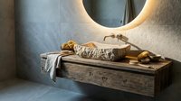 Modern bathroom interior with wooden vanity, round backlit mirror, and wicker basket accessories creating spa-like ambiance for home design inspiration.