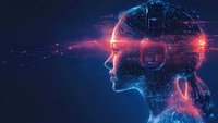 Digital wireframe profile of person with glowing red and blue technological elements showing artificial intelligence and neural network connections in dark background.