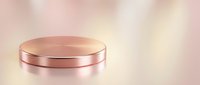 Rose gold cylindrical podium platform on soft pink background with warm lighting for luxury product display and cosmetic presentation.