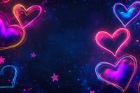 Glowing neon hearts in pink and blue colors float against dark starry background with sparkles and stars, creating romantic atmosphere for Valentine designs.