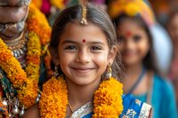 Young Indian girl smiling in traditional blue sari with marigold garlands during cultural festival celebration with family in background.
