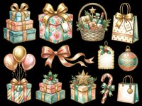 Festive gift boxes, wrapped presents, shopping bags, balloons, ribbons, ornaments, candy cane, and wicker basket with holiday decorations isolated on transparent background. Ready for t-shirt designs, clipart, stickers, print-on-demand products, and sublimation projects.
