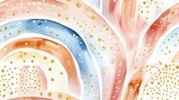 Abstract watercolor rainbow arcs with gold speckles on soft peach background, creating modern bohemian art for home decor.