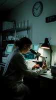 Female scientist working late night in laboratory using microscope for medical research and analysis.