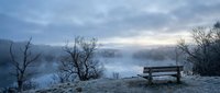 Peaceful winter morning with empty wooden bench overlooking misty lake surrounded by bare trees under dramatic cloudy sky at dawn.