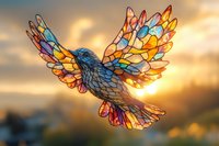 Stained glass style dove in flight against golden sunset sky, wings spread wide with mosaic pattern in blue, orange and red tones creating luminous effect.