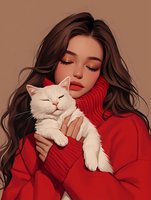 Young Asian woman with long dark hair wearing red sweater holding sleeping white cat. Tender moment captured in contemporary digital art style.