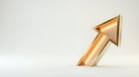 Golden arrow pointing upward on white background, symbolizing growth, success, and positive business momentum for corporate presentations and financial graphics.