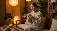 Young Caucasian woman in beige robe enjoying hot tea in cozy spa room with warm lighting and plants, relaxation and wellness concept for home comfort.