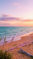 Serene coastal landscape at sunset with soft pink and purple sky, turquoise ocean waves, sandy beach, driftwood, and sea oats. Perfect for travel and wellness projects.