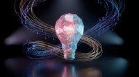 Digital lightbulb with glowing energy streams and data flow lines representing innovation, artificial intelligence and creative technology solutions.