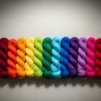Colorful yarn skeins arranged in rainbow spectrum from red to pink, wool thread bundles for knitting, crocheting and textile crafts on neutral background.