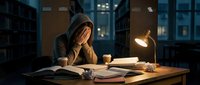Exhausted student in hoodie studying late at night in library with books and desk lamp, academic stress and burnout concept for education materials.