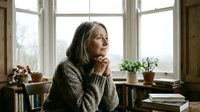 Mature woman with long gray hair and fair complexion sitting indoors by large windows, resting chin on hands in thoughtful pose, wearing knit sweater, surrounded by potted plants and books, natural daylight streaming through glass panes, contemplative mood suitable for lifestyle, wellness, aging, and editorial content.
